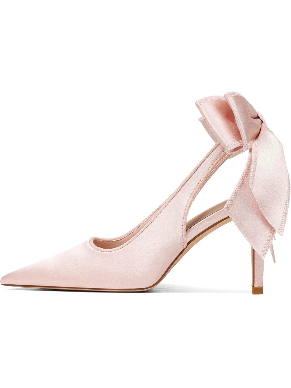 Pointed-Toe Pink Satin Slingback Heels with Decorative Bow